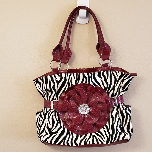 Handbags - Zebra print with red flower purse bag